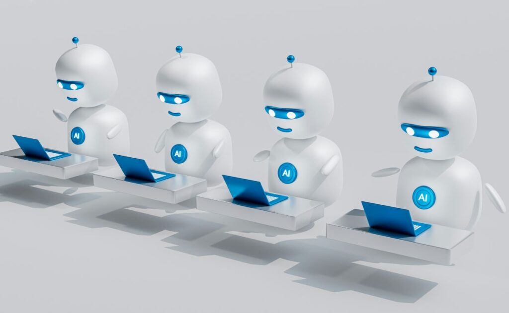 um grupo de robôs sentados -inteligencia artificial- IA-markting digital